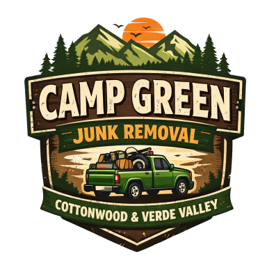 Camp Green Junk Removal logo - a green pickup truck under Verde Valley mountains